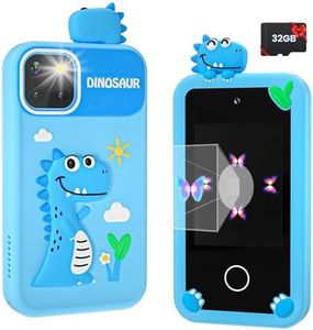 Kids Smart Phone for Boys with 32G Card & Holographic Pyramid, Christmas Birthday Gifts for Age 3-10 Kids Toys Cell Phone, 2.8" Touchscreen Toddler Learning Toy, Dual Lens, Music Player(Blue Dinosaur)