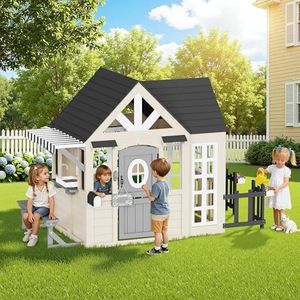 Albott Kids Outdoor Wooden Playhouse with Kitchen Set, Mailbox & Doorbell, Durable Wood Construction with Waterproof Roof & Rust-Resistant Hinges, Pretend Playhouse for 3–8 Years Old Boys & Girls