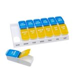 Ezy Dose Weekly (7-Day) AM/PM Pill Organizer, Vitamin and Medicine Box, Large Pop-Out Compartments, 2 Times a Day, Yellow and Blue Lids