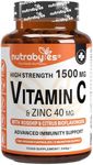 High Strength Vitamin C and Zinc Capsules | Vitamin C 1500mg and Zinc 40mg | Enhanced with Rosehip and Citrus Bioflavonoids | for Maintenance of Normal Immune System | 180 Vegan Capsules | Made in UK