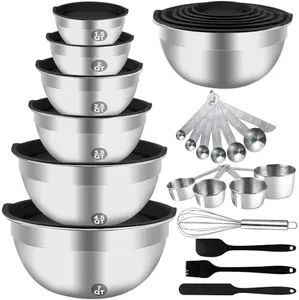 WEPSEN Mixing Bowls Set, 27PCS Stainless Steel Mixing Bowl with Lid Set, Large Nesting Bowls 7, 4.5, 3, 2.5, 2, 1.5QT, Measuring Cups and Spoons Baking Utensils Metal Bowl for Kitchen Prep