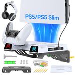 PS5 Slim Wall Mount Kit with Cooling Fan & Charging Station, PS5 Shelf Floating Mount for PS5/PS5 Slim Disc & Digital Console, PS5 Wall Bracket Behind TV, PS5 Slim Accessories PS5 Cooling Station