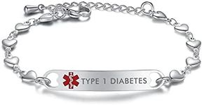 Medical Alert Bracelets for Women Stainless steel Heart Medical ID bracelets with Free Engraving (TYPE 1 DIABETES)