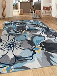 Modern Large Floral Non-Slip (Non-Skid) Area Rug 8 x 10 (7' 10 x 10') Gray-Blue