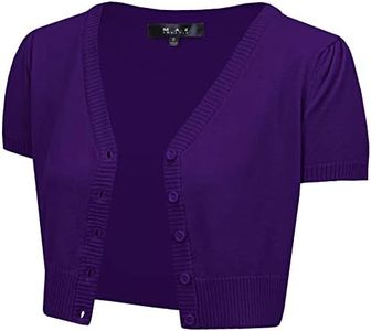 YEMAK Women's Cropped Bolero Cardigan – Short Sleeve V-Neck Basic Classic Casual Button Down Knit Soft Sweater Knitted Top Grape