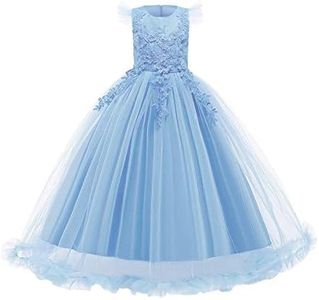 Girls Embroidery Flower Lace Long A Line Pageant Dress Floor Length Princess Prom Tulle Maxi Gown for Wedding Party Birthday, Blue, 11-12 Years