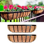 LaLaGreen Deck Railing Planter Boxes for Plants (2 Pack, 24 Inch) Black Metal Wall Planters for Outdoor Plants, Window Flower Box Deck Railings with Coco Liner, Fence Balcony Patio Porch Over Rail