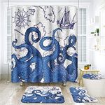 Arttown Navy Blue Bathroom Sets with Shower Curtain and Rugs and Accessories, Octopus Shower Curtain Sets, Blue and Gray Shower Curtains for Bathroom, Nautical Bathroom Decor 4 Pcs