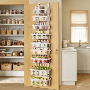 POKIPO 9 Tier Narrow Over The Door Pantry Organizer, 2 in 1 Wall Mount or Hanging Spice Rack with Adjustable Deep Basket, Heavy-Duty Seasoning Organizer and Storage for Kitchen Closet Bathroom (White)