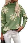 Zeagoo Women's Turtleneck Sweater 2024 Fall Winter Chunky Knitted Pullover High Low Hem Trendy Basic Jumper Top Green Flower