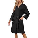 LYCY Short Robes for Womens Lightweight, Soft Womens Robe Spa Ladies Bathrobe 3/4 Sleeve(Black M)