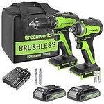 Greenworks Combo Kit with Cordless Screwdriver 24 V 35 N.m and Impact Wrench 300 N.m with 2 x 2.0 Ah Batteries, Brushless Motor, LED Light, Belt Clip, 2 Drills, Dual Charger and Tool Bag