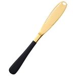 TOMATUS 1 Pcs Butter Knife, 3 in 1 Stainless Steel Spreader Serrated Edge Shredding Slots Easy to Hold for Bread Butter Cheese Jam Slicer (Gold-Black)