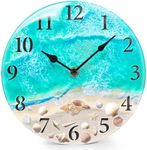 Coastal Nautical Glass Wall Clock with Seashell Design and Aesthetic Beach Theme - Battery Operated Silent Wall Decor for Home, Kitchen, Living Room, Office, Bedroom, or Bathroom (8 Inch,Teal)