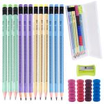 18Pcs Hb Pencils Set, 12Pcs Presharpened Pencils with Rubbers On The End Triangle Pencils Wood Cute Pencils with Eraser 1 Sharpener 4 Pencil Grips 1 Pen Case for School Kids Children Writing Drawing