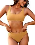 AI'MAGE Women Ribbed Bikini Sets Sporty Swimsuits Scoop Neck Two Piece Bathing Suits High Cut Bikini(Yellow,X-Small)