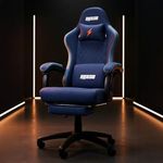 DROGO Throne Ergonomic Gaming Chair with Linkage Armrest, Footrest, Adjustable Seat & Fabric | Computer Chair with Head & Massager Lumbar Support Pillow | Home & Office Chairs with Recline (Dark Blue)