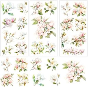 BEUNITONE 3 Sheet Floral Furniture Transfers 6"x12" Rub on Vintage Flower Rub on Transfers Waterproof Retro Watercolor Magnolia Rub on Transfer Stickers Decals for Wood Glass Door Wall Home Decor