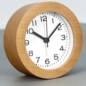 AROMUSTIME 3-Inches Round Wooden Alarm Clock with Arabic Numerals, Non-Ticking Silent, Backlight, Battery Operated, Nature