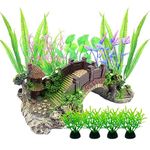 Aquarium Ornament Plants with Resin Arch Bridge, 13pcs Green Aquariums Plants Plastic and Aquarium Decorative Pavilion Tree Bridge for Fish Tank Ornament Decoration