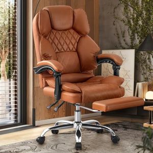 Furb Office Chair with Foot Rest, 135° Reclining Home Office Desk Chair, Adjustable Height Swivel Chair with Comfortable Thickly Padded Armrests (Brown)