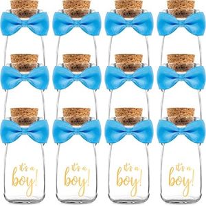 Ethisa 12 Pack It's a Boy Milk Glass Bottles with Ribbons and Stickers - Vintage, Sturdy, Baby Shower Favors for Guests and Table Centerpieces - Boy Baby Shower Decorations - Baby Shower Candy Jar