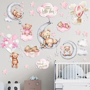 Yinder 12 Sheet 78 Pcs Bear Wall Decals Decor, Sweet Dreams Little One Cloud Balloon Bear Boys Wall Decor Cute Bear Sleeping on The Moon Stars Wall Sticker for Kids Baby Room Nursery Decor (Pink)