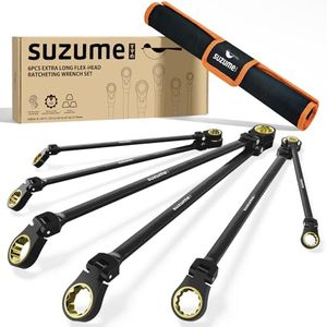 SUZUME Extra Long Flex Head Ratcheting Wrench Set 6PCS (8-19mm) Double Box End Metric EVA Foam 180° Flexible Head 15K Gear Cycles Tested Black Chrome Finish CR-V Steel for Tight Engine Bays with Pouch