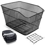 Mkuero Bike Baskets Rear, Metal Rear Bicycle Basket with Bike Basket Liner and Adjustable Cargo Net, Waterproof Bike Basket for Most Rear Mounted Bike Racks