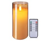 LTETTES Flameless LED Candles AA Battery Powered with Gold Acrylic Fiber Glass with Remote Controller and Timer for Home Festival Wedding Decor (3" D x 6" H)