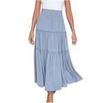 AMhomely Boho Maxi Skirts for Women Long Skirts Sale Chic Ladies Solid Casual Ruched Ruffles Elastic Waist Skirts Beach Skirts Clearance UK, 01 Light Blue, M