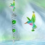 FONMY Hummingbird Gazing Ball Spiral Wind Spinner Sun Catcher Rainbow Maker Silver Spiral W/ K9 Green Crystal Ball Tree Hanging Ornament Indoor Outdoor Garden Decor. -19.5inch H