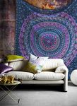 Hippie Mandala Bohemian Psychedelic Intricate Floral Design Indian Bedspread Magical Thinking Tapestry 84x90 Inches,(215x230cms) Blue Pink