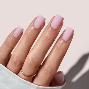 BTArtbox False Nails Press Ons - Solid Pink Square Press On Nails Short, Opaque Soft Gel Stick On Nails for Women in 16 Sizes - 32 Fake Nail Kit, Yoga