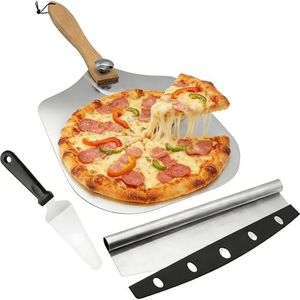 3 Pcs Aluminum Pizza Peel Set with Folding Wooden Handle, 12x14 Inch Pizza Paddle, Stainless Steel Pizza Cutter Wheel and Practical Pizza Spatula