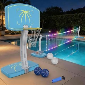 MAGTHIC 2-in-1 Pool Basketball Hoop & Pool Volleyball Set, LED Pool Volleyball Net for Inground Pools, Poolside Basketball Hoop with Stainless Steel Pool Basketball Goal, Summer Swimming Pool Games