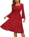 BeryLove Homecoming Dress for Teens Long Sleeve Sequin Dress Square Neck Midi Cocktail Party Formal Dress Glitter Bridesmaid Dresses S006 Red XS