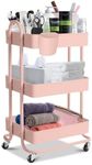 EKKIO Kitchen 3 Tier Rolling Cart with Wheels Steel Storage Shelf Rack Organiser Wheels, Metal Rolling Cart, Storage Cart, Art Carts, Rolling Storage Cart Max. Weight Capacity 45kg (Pink)