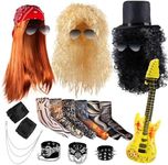 Mepase 3 Set Halloween Rocker Costume Include 3 Rocker Wig 3 Bracelet 6 Tattoo Sleeve 3 Pair Sunglasses Studded Gloves Bandana Black Top Hat Inflatable Guitar for Men Women Cosplay