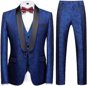 KUDORO Mens Suits Slim Fit 3 Piece Tuxedo Suit Set for Prom Wedding Party Paisley Jacket Vest Pants Homecoming Outfit, Blue, Large