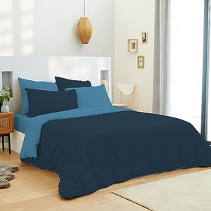 UNIVERSDECOR - Pack Complet 6 pcs Bicolore Housse de Couette lit 180 x 200 cm King Size 100% Coton / 57 Fils/cm² (Marine/Turquoise, Pack Complet 6 pièces Bicolore lit 180 x 200 cm)