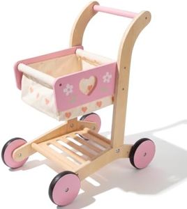 WOODENFUN Wooden Baby Push Walker Pull Doll Stroller, Toddler Shopping Cart | Pink Doll Carriage, Learning Walker for Boys Girls, Sit Stand Learning Toddler Toy for 1-3 Years Old