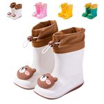 DRECAGE Dinosaur Rain Boots with Pull On Drawstring Closure for Kids Boy and Girl, Waterproof Non-Slip Unisex Children Wellies Wellington Rubber Rain Shoes Outdoors White Bear 8 UK Child