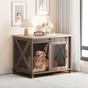 TROPOW 37" Dog Crate Furniture with Flip Top, Dog Kennel Indoor with Sliding Door and Wheels, Medium Dog Crate with Removable Divider, Wooden Dog Cage Furniture, Dog Crate Side Table, Brown