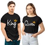 Hangout Hub Men's & Women's Round Neck T-Shirt King Queen (Crop Top) with GC (Black;Men L(40);Women S(36) ;) Pack of 2 Couple T-Shirts