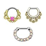 BodyJewelryOnline Adult Gold Ion Plated 16ga Septum Clicker with CZ Gems - 3Pack