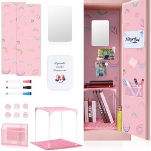 HAUTOCO 16 Pcs Locker Accessories for Girls Pink Locker Organizer Decorations with Shelf, Rugs, Magnetic Wallpaper, Whiteboard, Mirror, Markers, Pen Holder, Magnets, Back to School Work Essentials