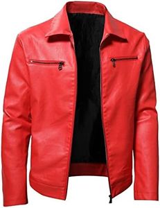 Male Autumn and Winter Solid Color Leather Jacket Warm Coat Jacket Stand Long Sleeve Double Zipper Pocket Idol, Red, Medium