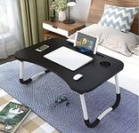 MemeHo® Smart Standard Multi-Purpose Laptop Table with Dock Stand/Study Table/Bed Table/Foldable and Portable/Ergonomic & Rounded Edges/Non-Slip Legs/Engineered Wood with Cup Holder (Black)