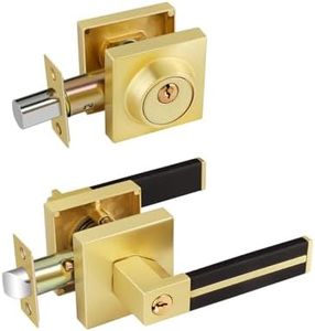 EHOMEWARE 1 Pack Satin Brass Door Handles with Single Deadbolt, Black Leather Door Knobs Interior, Keyed Door Lever, Heavy Duty Square Door Handles, Reversible for Left/Right Handed